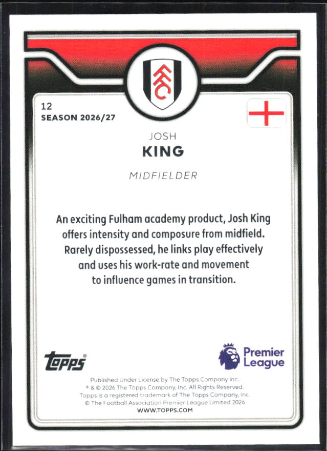 2026-27 Topps Premier League Future Stars #12 Josh King – baksida