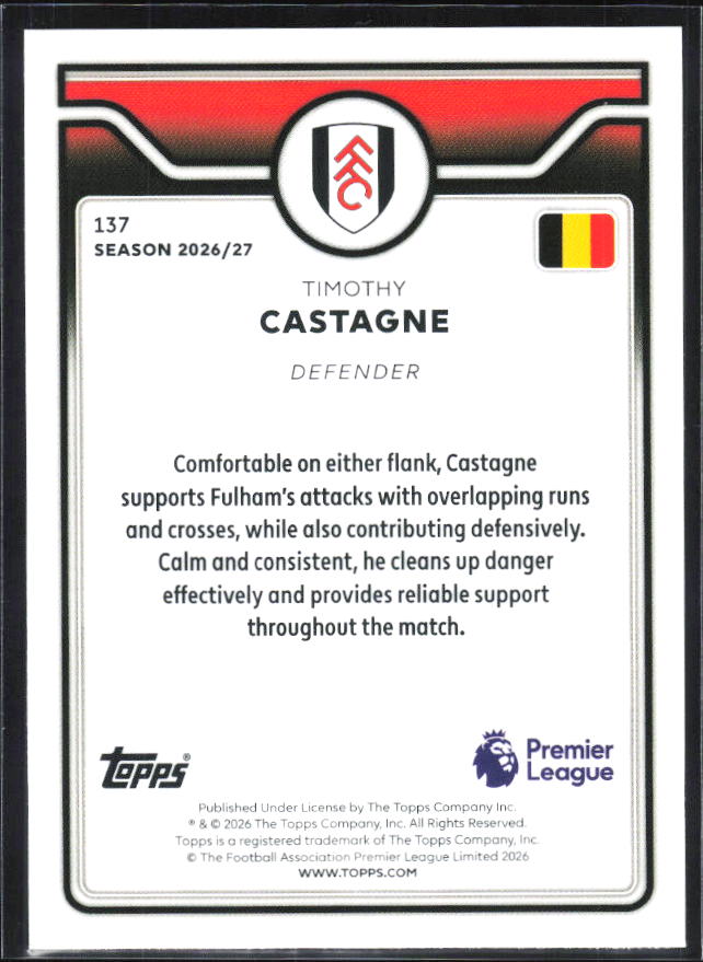 2026-27 Topps Premier League #137 Timothy Castagne – baksida