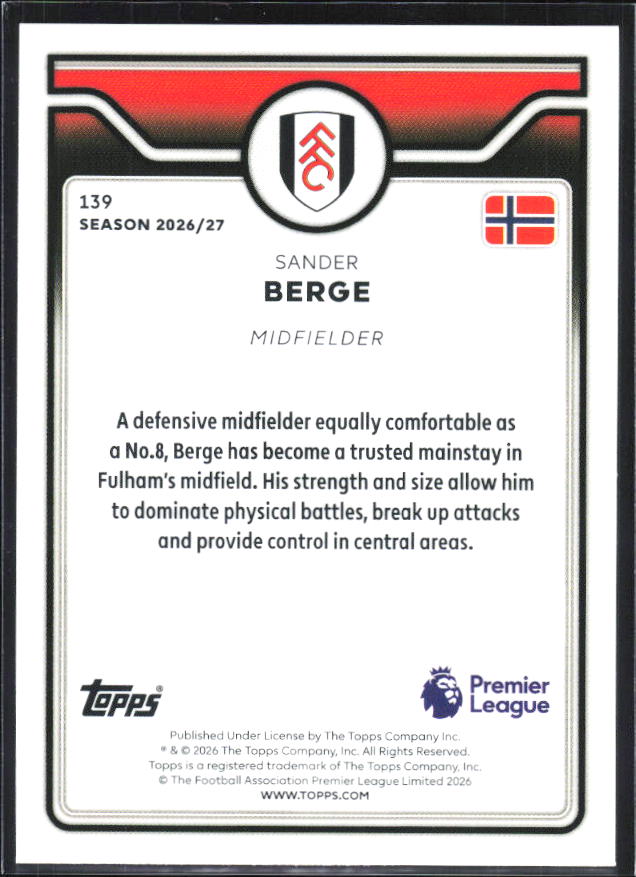 2026-27 Topps Premier League #139 Sander Berge – baksida