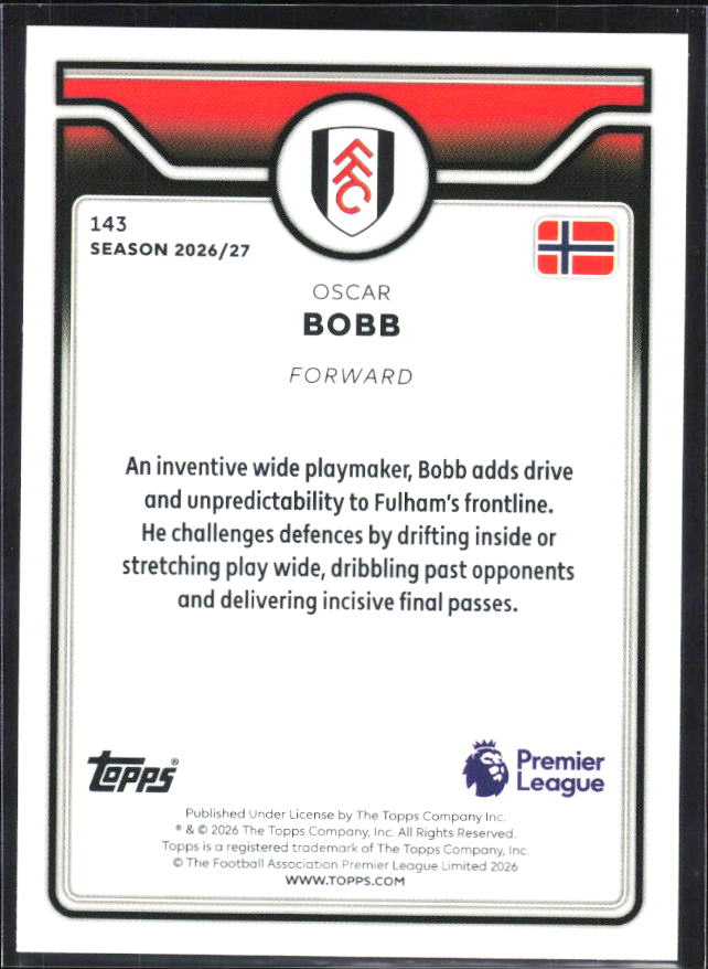 2026-27 Topps Premier League #143 Oscar Bobb – baksida