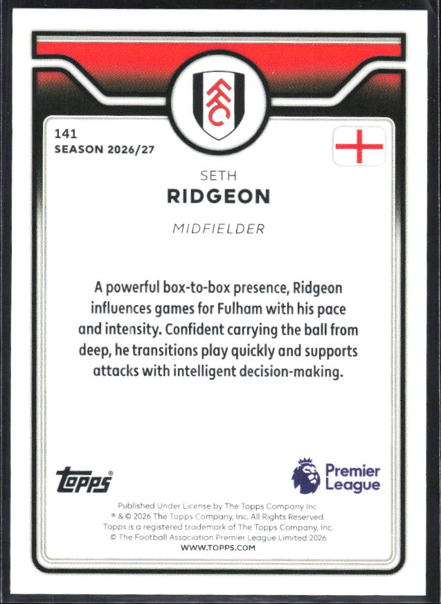 2026-27 Topps Premier League #141 Seth Ridgeon – baksida