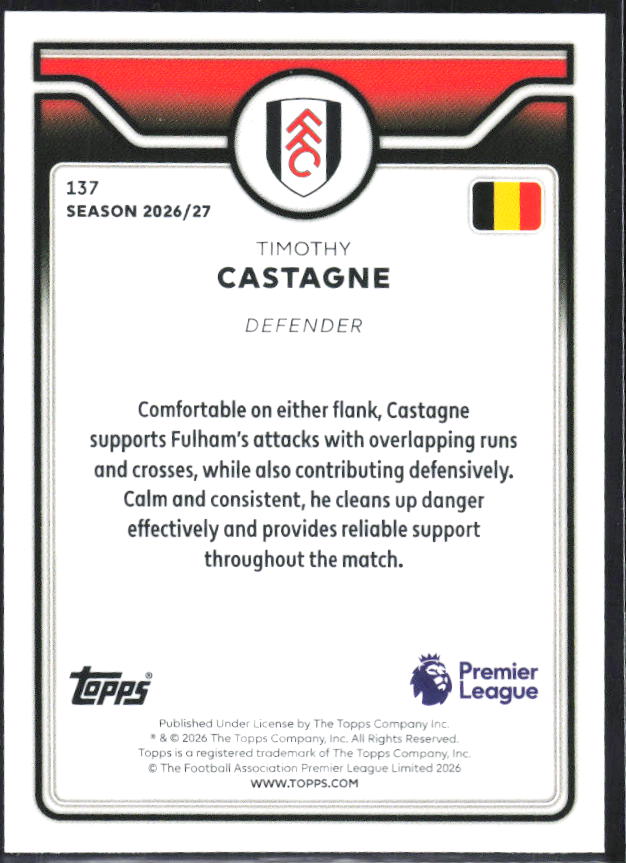 2026-27 Topps Premier League #137 Timothy Castagne – baksida