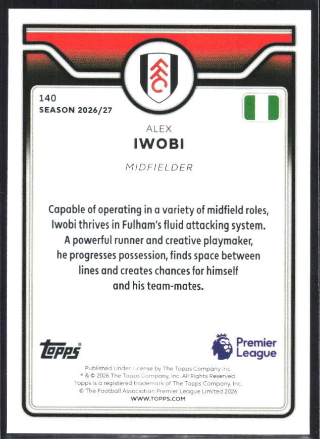 2026-27 Topps Premier League #140 Alex Iwobi – baksida