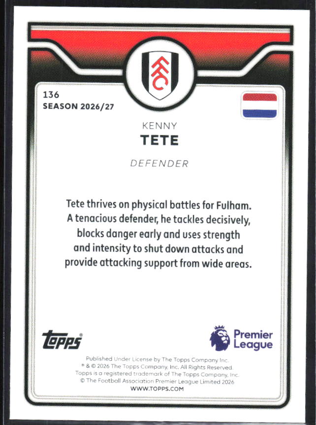 2026-27 Topps Premier League #136 Kenny Tete – baksida