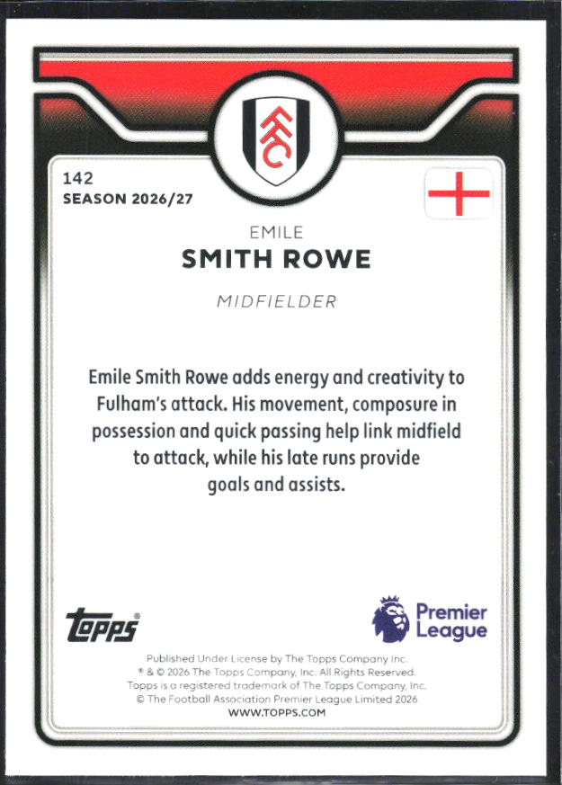 2026-27 Topps Premier League #142 Emile Smith Rowe – baksida