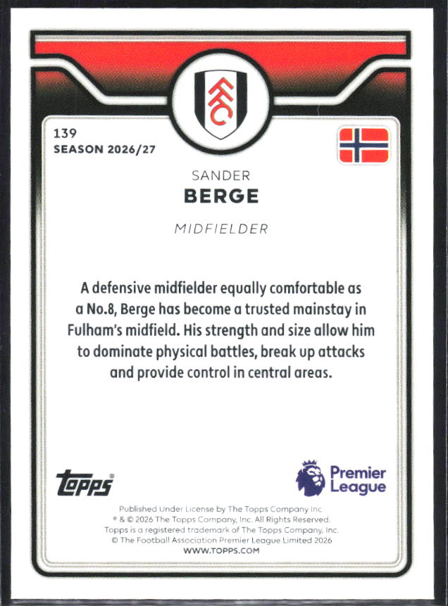 2026-27 Topps Premier League #139 Sander Berge – baksida