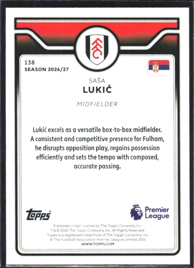 2026-27 Topps Premier League #138 Saša Lukić – baksida