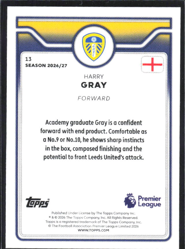 2026-27 Topps Premier League Future Stars #13 Harry Gray – baksida