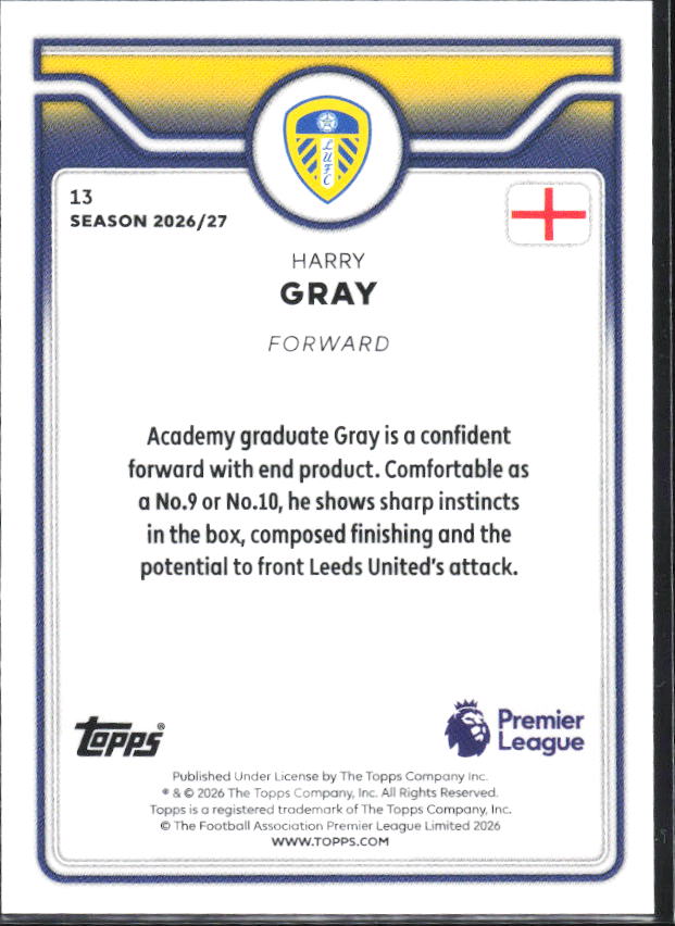2026-27 Topps Premier League Future Stars #13 Harry Gray – baksida