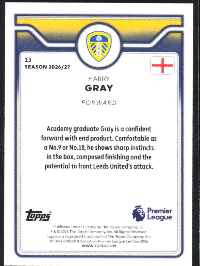 2026-27 Topps Premier League Future Stars #13 Harry Gray – baksida