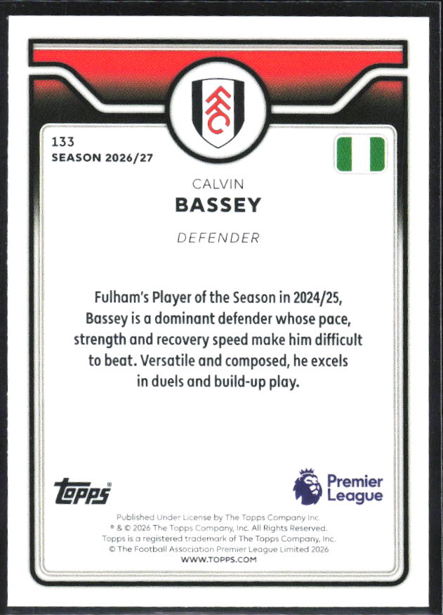 2026-27 Topps Premier League #133 Calvin Bassey – baksida
