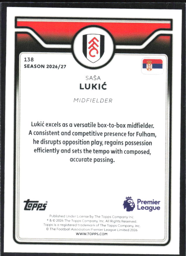 2026-27 Topps Premier League #138 Saša Lukić – baksida