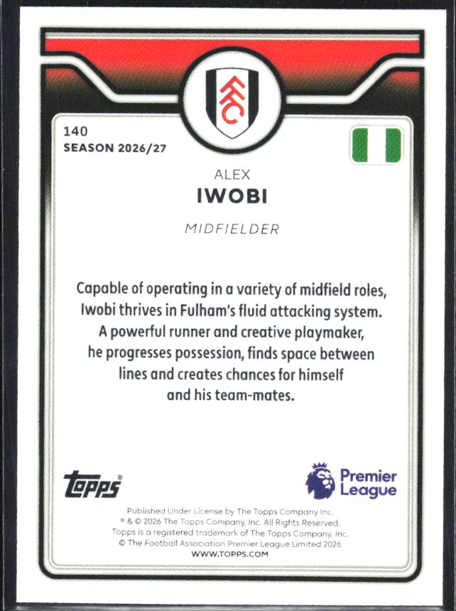 2026-27 Topps Premier League #140 Alex Iwobi – baksida