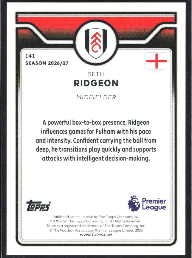 2026-27 Topps Premier League #141 Seth Ridgeon – baksida