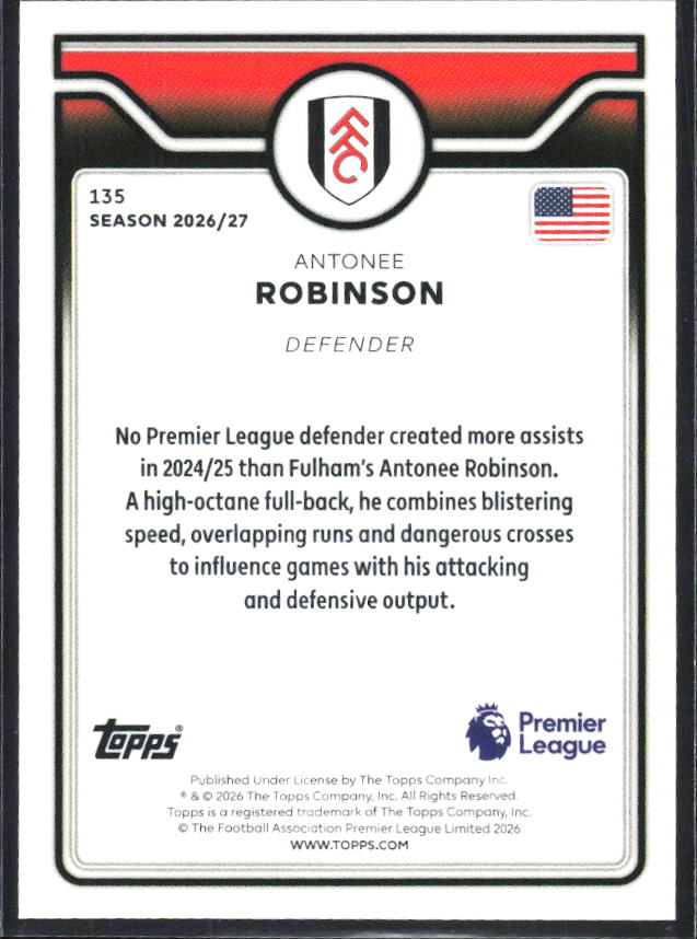 2026-27 Topps Premier League #135 Antonee Robinson – baksida