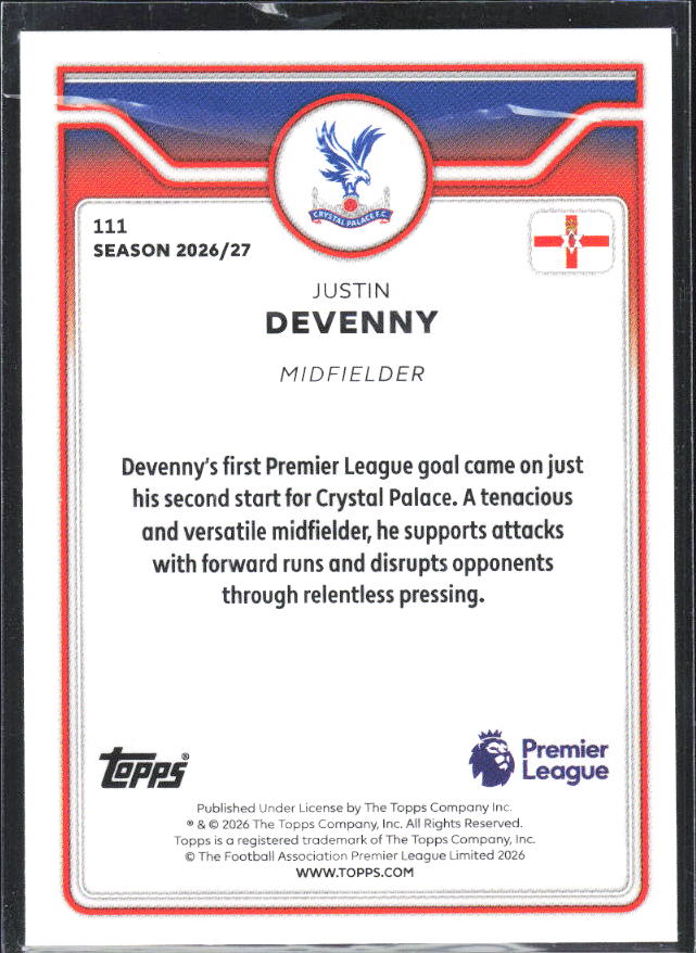 2026-27 Topps Premier League #111 Justin Devenny – baksida