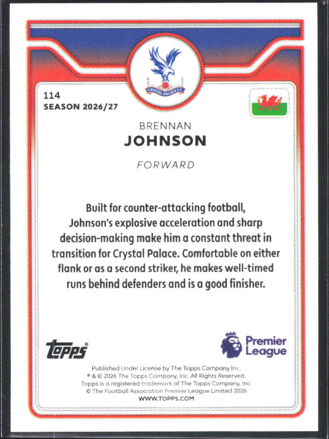 2026-27 Topps Premier League #114 Brennan Johnson – baksida