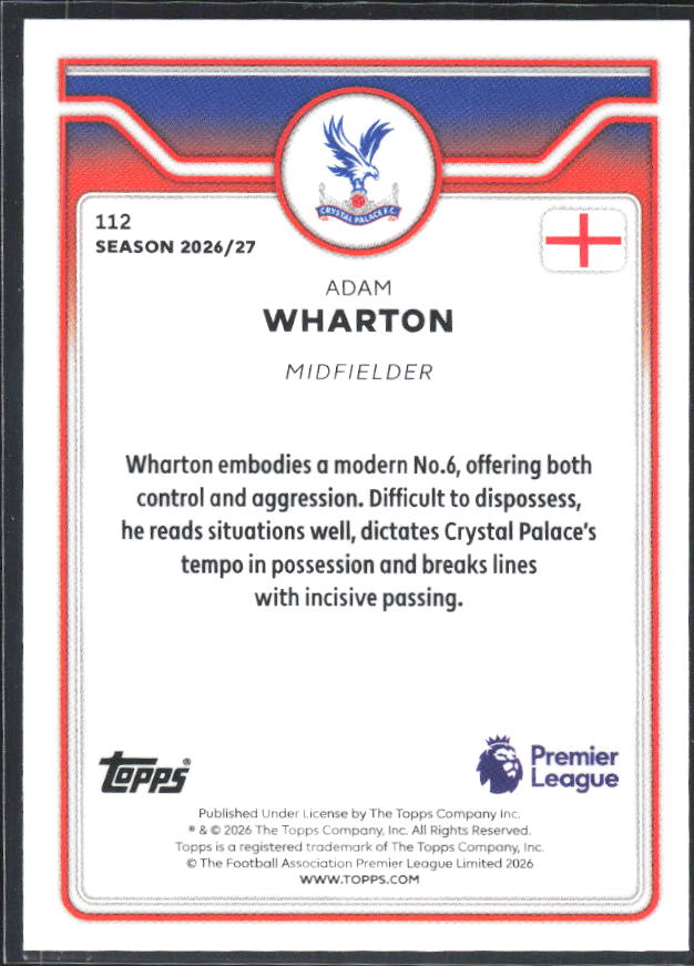 2026-27 Topps Premier League #112 Adam Wharton – baksida