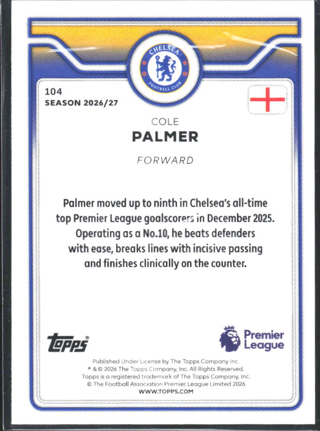2026-27 Topps Premier League #104 Cole Palmer – baksida