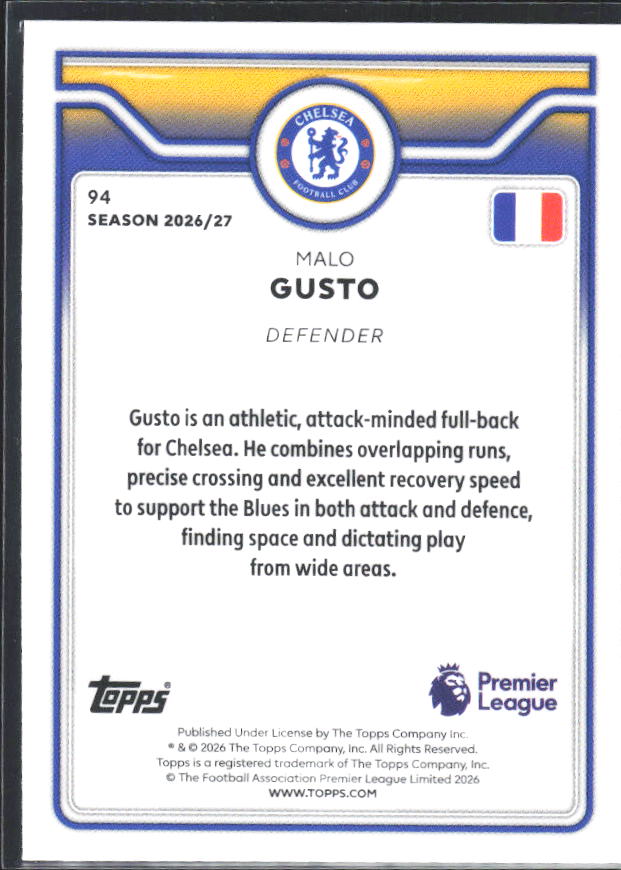 2026-27 Topps Premier League #94 Malo Gusto – baksida
