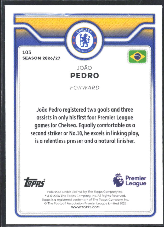 2026-27 Topps Premier League #103 João Pedro – baksida