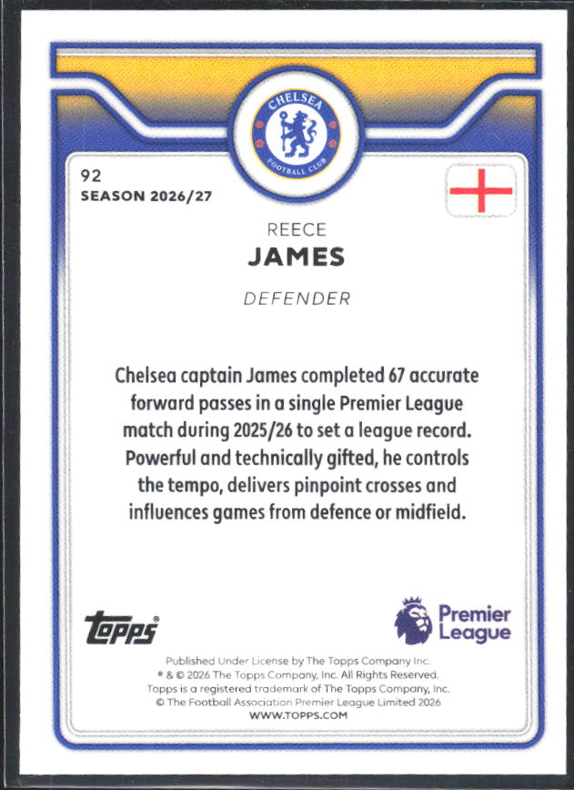 2026-27 Topps Premier League #92 Reece James – baksida