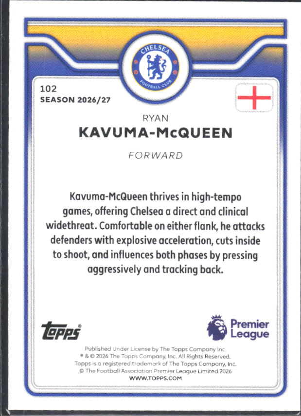 2026-27 Topps Premier League #102 Ryan Kavuma-McQueen – baksida