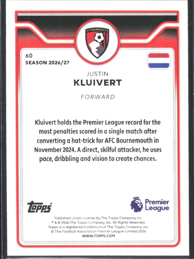 2026-27 Topps Premier League #60 Justin Kluivert – baksida