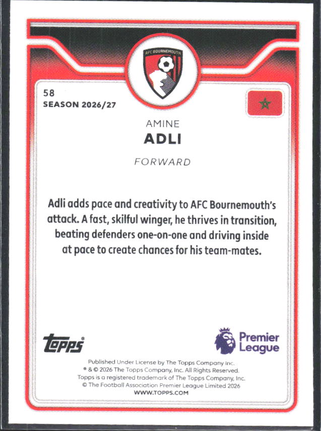 2026-27 Topps Premier League #58 Amine Adli – baksida