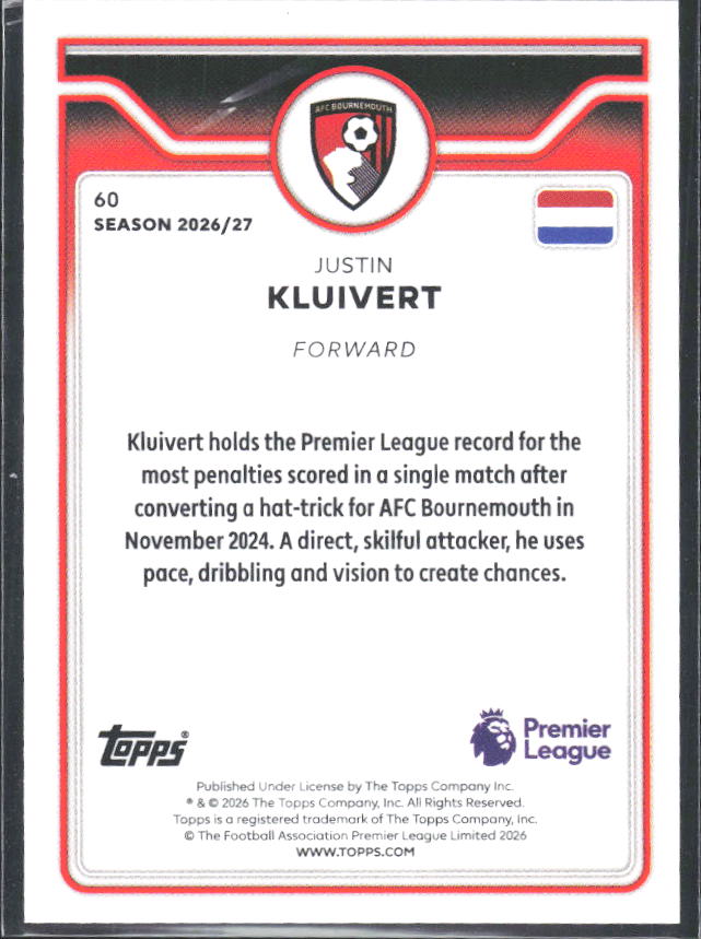 2026-27 Topps Premier League #60 Justin Kluivert – baksida