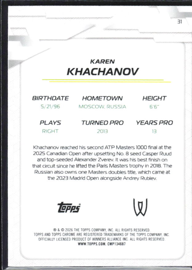 2026 Topps Chrome Tennis #31 Karen Khachanov – baksida
