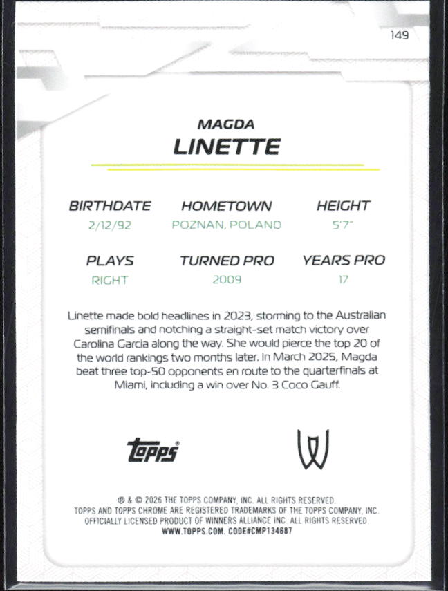 2026 Topps Chrome Tennis #149 Magda Linette – baksida