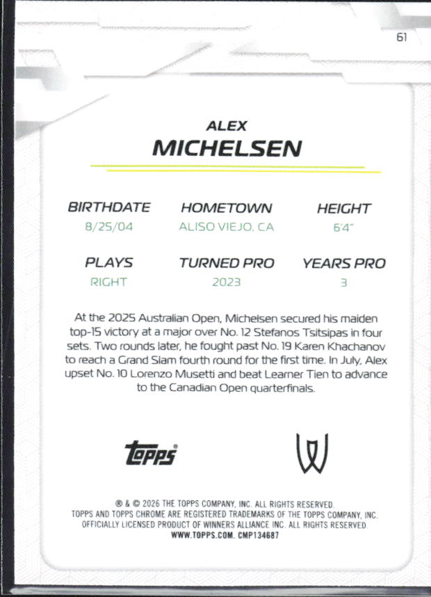 2026 Topps Chrome Tennis #61 Alex Michelsen – baksida