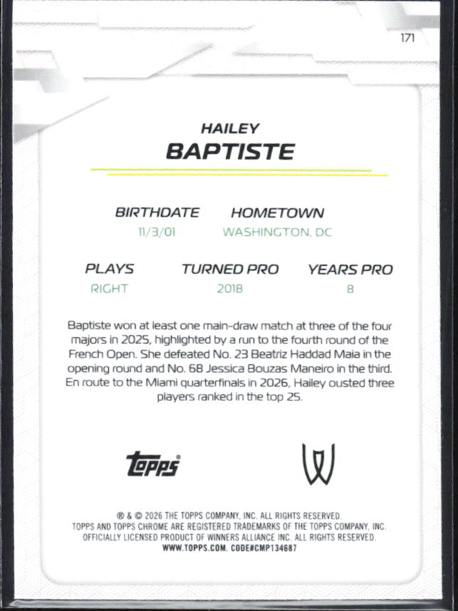 2026 Topps Chrome Tennis #171 Hailey Baptiste – baksida