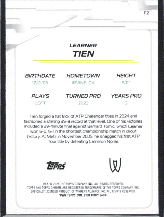 2026 Topps Chrome Tennis #112 Learner Tien – baksida