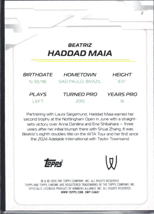 2026 Topps Chrome Tennis #2 Beatriz Haddad Maia – baksida