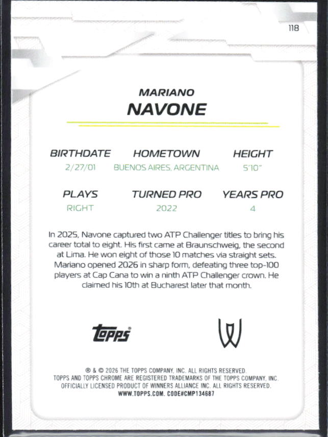 2026 Topps Chrome Tennis #118 Mariano Navone – baksida