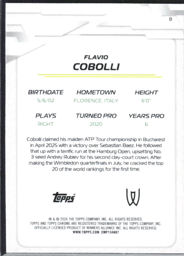 2026 Topps Chrome Tennis #8 Flavio Cobolli – baksida