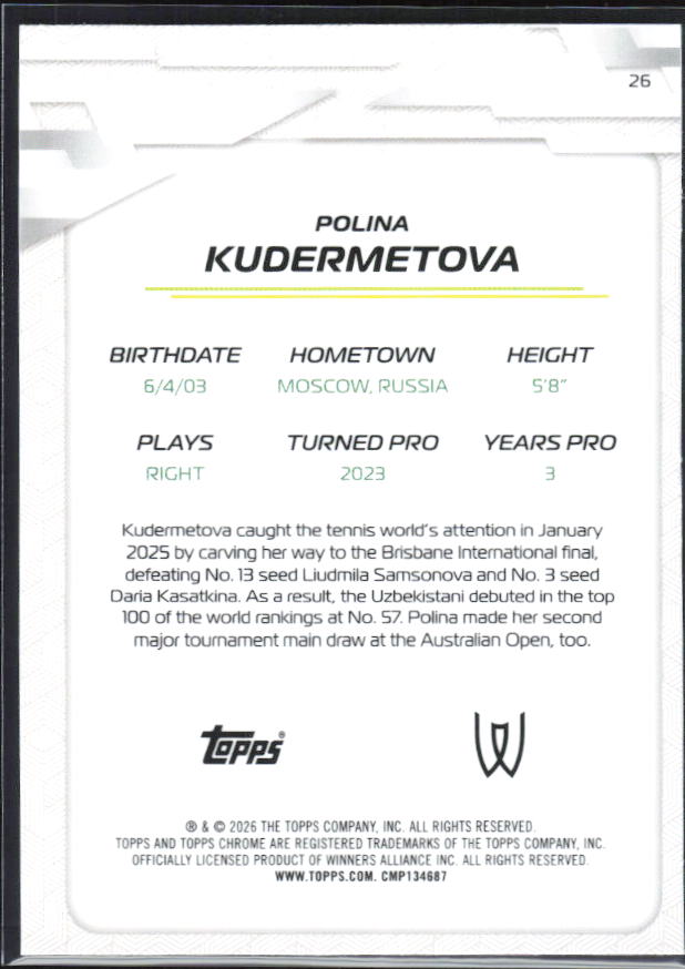 2026 Topps Chrome Tennis #26 Polina Kudermetova – baksida