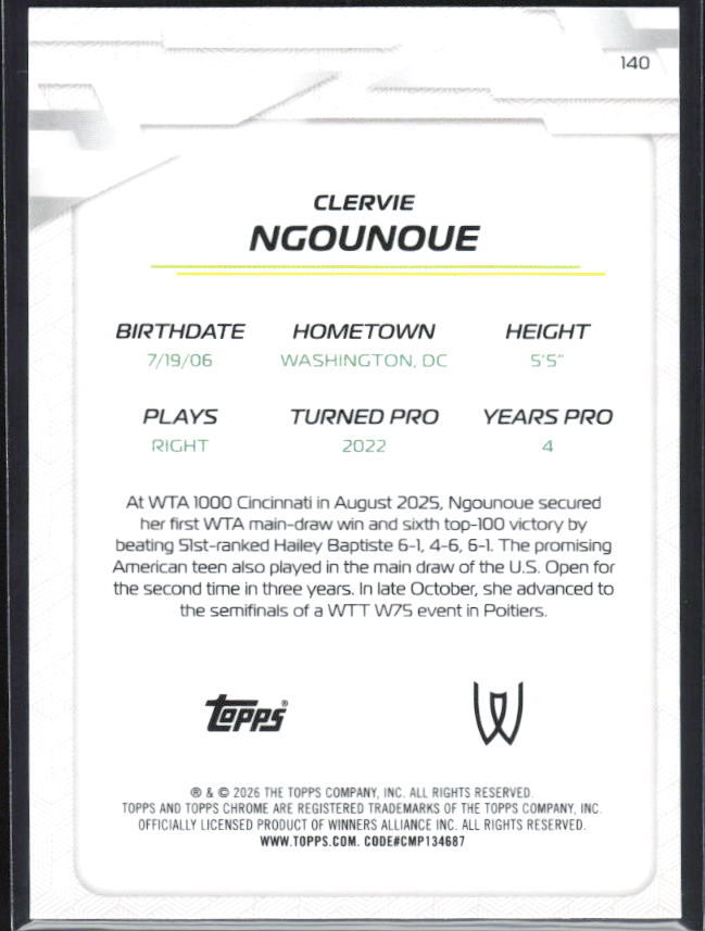 2026 Topps Chrome Tennis #140 Clervie Ngounoue – baksida