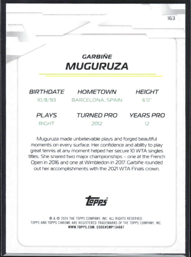 2026 Topps Chrome Tennis #163 Garbiñe Muguruza – baksida