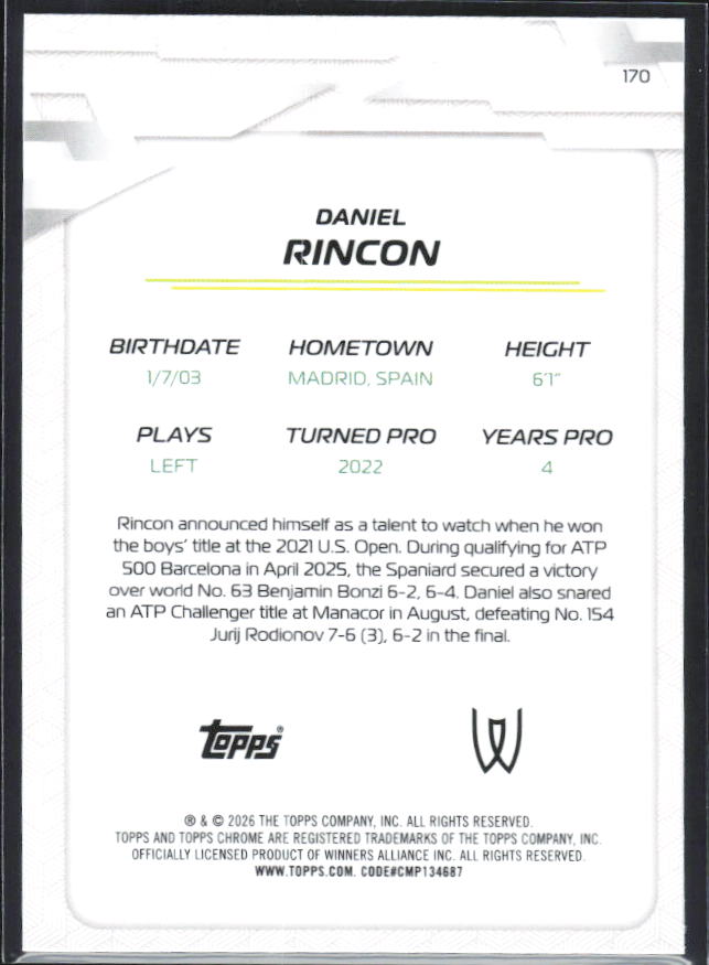 2026 Topps Chrome Tennis #170 Daniel Rincon – baksida