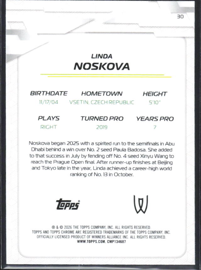 2026 Topps Chrome Tennis #30 Linda Noskova – baksida