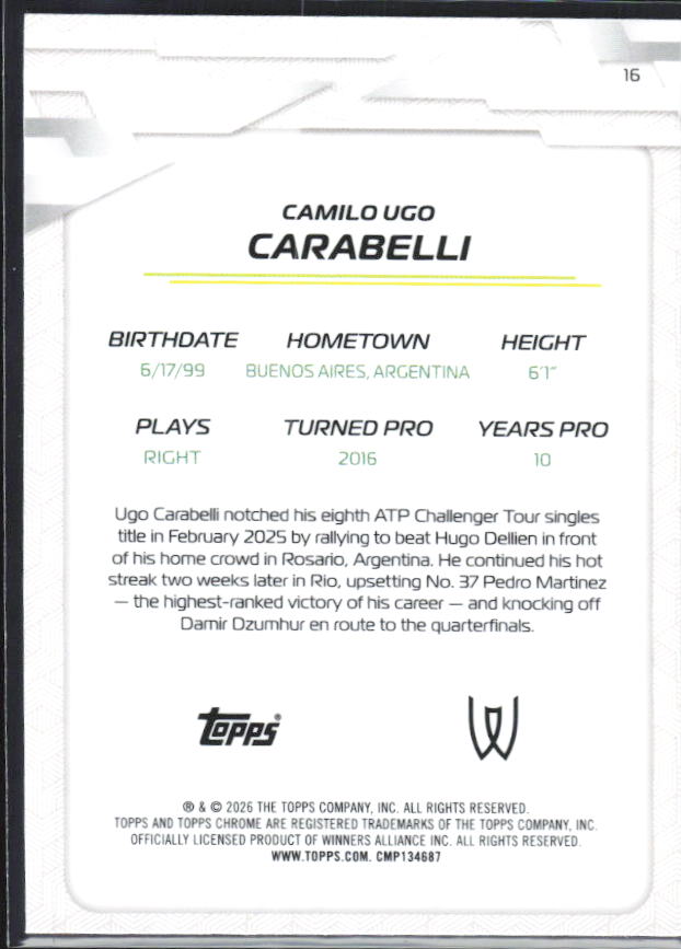 2026 Topps Chrome Tennis #16 Camilo Ugo Carabelli – baksida