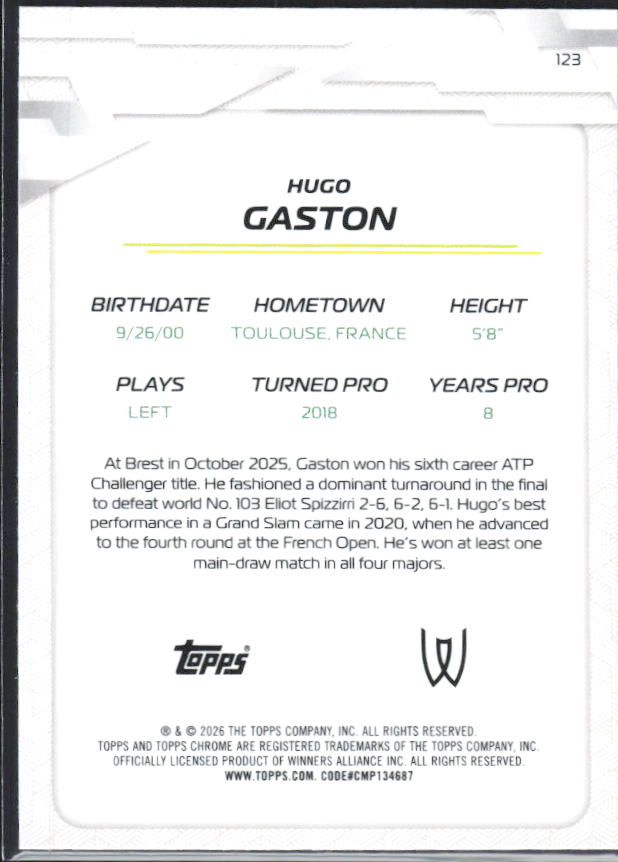 2026 Topps Chrome Tennis #123 Hugo Gaston – baksida
