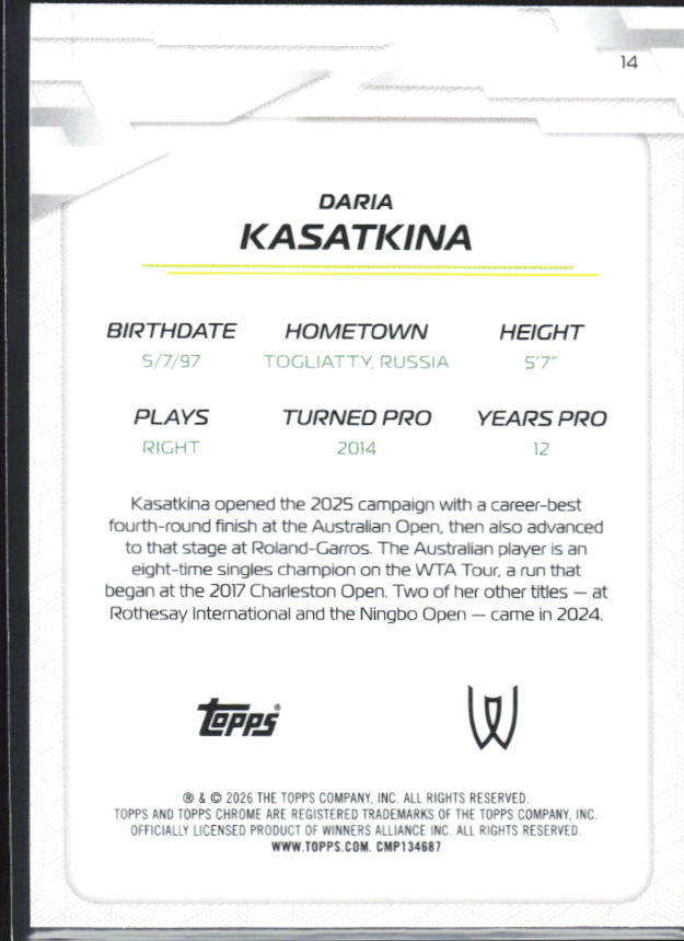 2026 Topps Chrome Tennis #14 Daria Kasatkina – baksida
