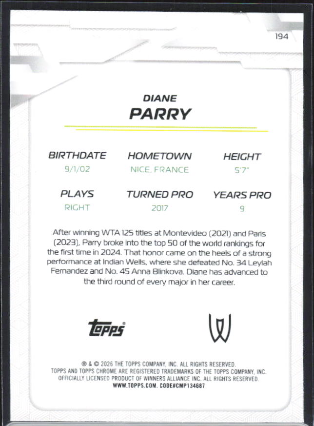 2026 Topps Chrome Tennis #194 Diane Parry – baksida