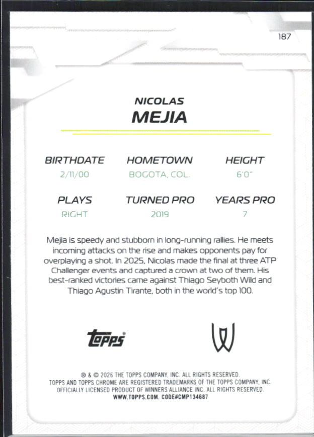 2026 Topps Chrome Tennis #187 Nicolas Mejia – baksida
