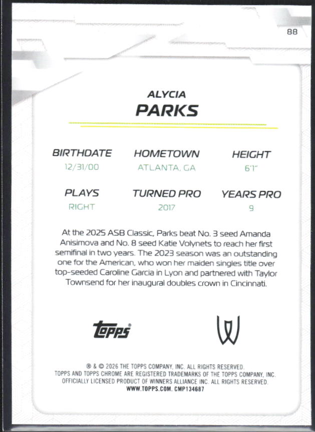 2026 Topps Chrome Tennis #88 Alycia Parks – baksida