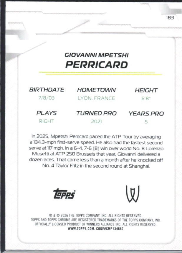 2026 Topps Chrome Tennis #183 Giovanni Mpetshi Perricard – baksida